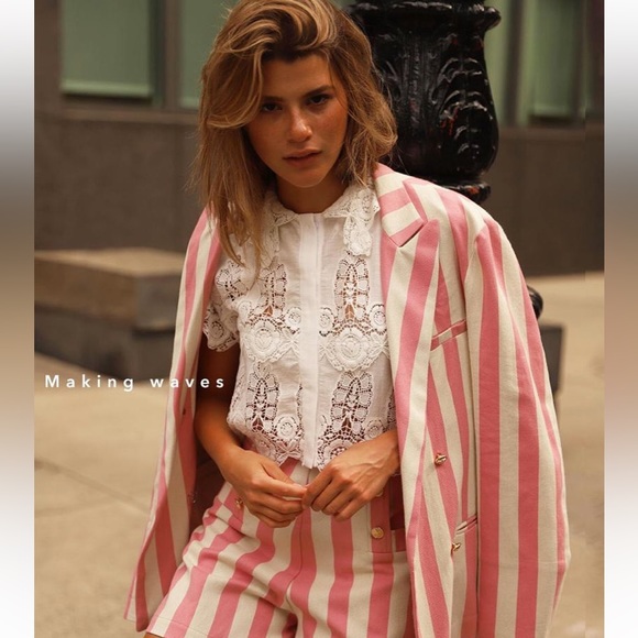 MIGUELINA *Chiara* pink ivory stripe double breasted blazer jacket XS - Picture 2 of 11